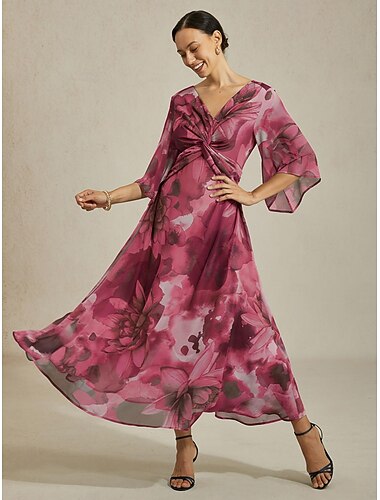  Maxikleid für Damen, abstraktes Blumenmuster, V-Ausschnitt, Knoten vorne, ausgestellte Ärmel