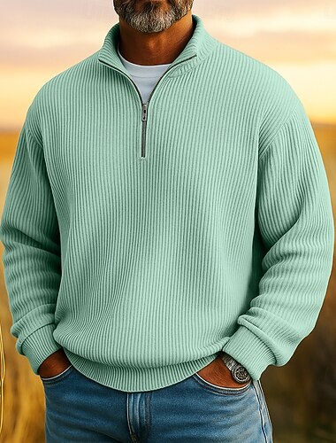  Herren Cordhemd Textur Lässig Urlaub Viertelreißverschluss Langarm Mode Basic Einfarbig Texture Reißverschluss Warm Herbst Frühling & Herbst Herbst Winter Normale Passform Weiß Hellgrün Marineblau