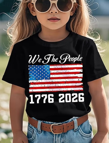  100% Baumwolle Kinder Mädchen Schwarz Grafik USA Flagge 250-jähriges Jubiläum Amerikanische US-Flagge für Kinder T-Shirt Rundhalsausschnitt Kurzarm Urlaub Sport & Outdoor Alltagskleidung Hawaiianisch