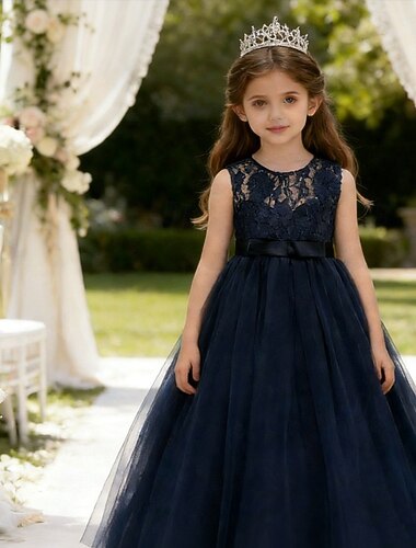  Blumenmädchenkleid, Kommunionkleid, festliches Mädchenkleid, Hochzeitskleid, Partykleid, formelle Mode, wunderschönes, süßes Spitzenkleid aus Mesh, einfarbig, ärmellos, Rundhalsausschnitt, blau-grau,