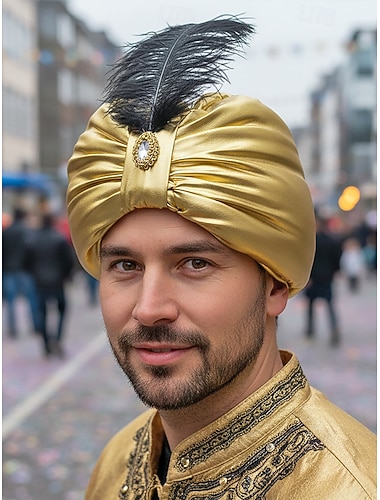  Männer Gold metallic Polyester Mardi Gras Hut mit Feder  Anstecker - Prinz Sultan oder arabische Kostüm Kopfbedeckung für Karneval  Maskenball