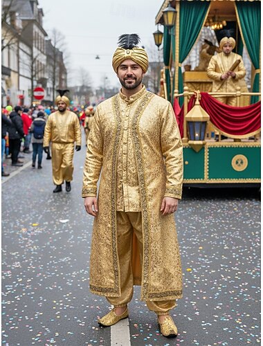  Ανδρικό Χρυσό Μεταλλικό Πολυεστέρα Καπέλο Μάρντι Γκρας με Φτερό  Μπροστάκι - Πριγκιπική Σουλτανική ή Αραβική Κεφαλίδα για Καρναβάλι  Χορό Μεταμφίεσης