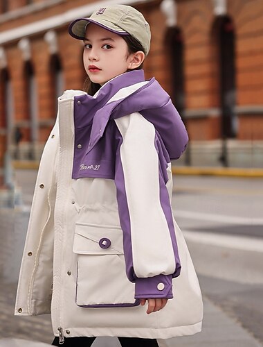  Kinderen Voor meisjes Donsjack Pufferjack Kleurenblok Sport Zak Houd Warm Windbestendig: Buiten jas bovenkleding 5 jaar + Winter Blozend Roze Paars Khaki