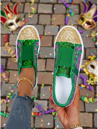  Damen Mardi Gras lilafarbene Glitzer Slip-on Sneaker – Pailletten Rave Schuhe für Musikfestivals Karnevalspartys  gewagte Streetwear