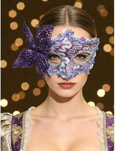  Dames Paarse Kant Vlinder Maskerade Mardi Gras Masker met Bloemdetails - Elegante Venetiaanse Carnaval Kostuum Accessoire voor Feesten  Bals