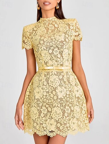  Damen Minikleid Spitzenkleid Etui-Kleid Elegant Mode Modern Täglich Urlaub Ausgehen Normale Passform Blumen Einfach Kurzarm Rundhalsausschnitt Gelb Sommer Frühling