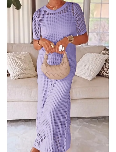  Damen Kleid-Set Sommerkleid Shiftkleid Tüllkleid Elegant Lässig Einfach Ausgehöhlt Midikleid Kurzarm Rundhalsausschnitt Outdoor Strand Weiß Marineblau Purpur Sommer Frühling Normale Passform