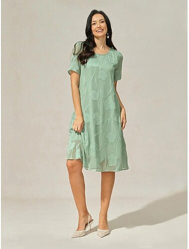  Dames Mini-jurk Chiffon jurk Elegant Dagelijks Bruiloft gast Normale pasvorm Bloemig Korte mouw Strakke ronde hals Grijs-Groen