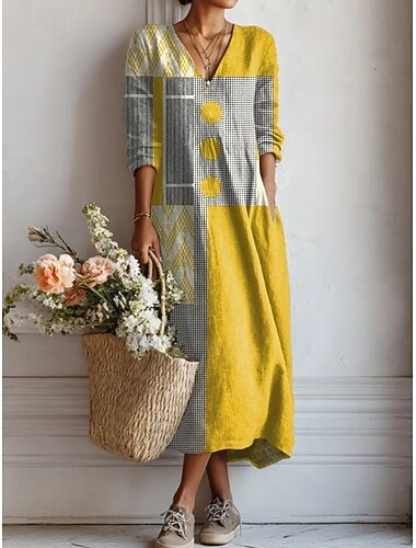  Dames Midi Jurk Linnenachtig Ademend Lichtgewicht Zomerjurk Shift Jurk Casual Feest Vakantie Losse Pasvorm Geometrisch Lange Mouw V-hals Geel Roze Lichtbruin Zomer Lente