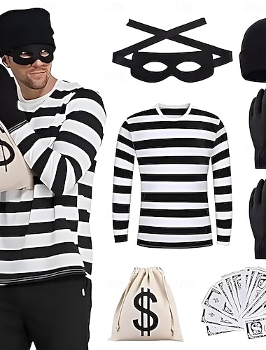  Ausgefallene Kostüme Dieb Bankräuber Cosplay-Kostüm Gestreift Erwachsene Herren Damen Unisex Halloween Karneval Party Leistung Verkleiden