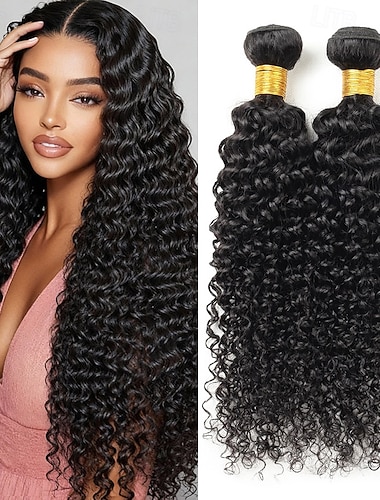  Brasilianisches Echthaar, Farbe 1b #, naturschwarz, lockig, gewellt, 2 Bündel à 200 g, 25–70 cm