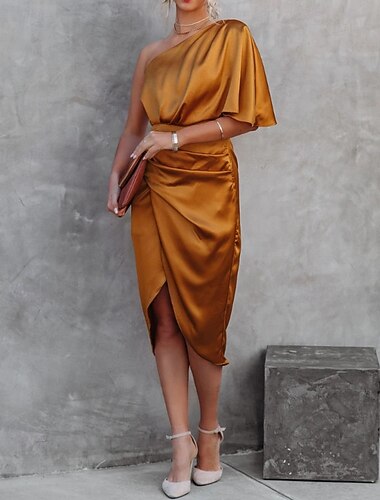  Dames Mini-jurk Satijnen Jurk Gala jurk Feestjurk Cocktail jurk Elegant Modern Avond Feest Feest Cocktailparty Slank Effen Halve mouw Eén-schouder Zwart Marineblauw Oranje Goud Zomer Lente