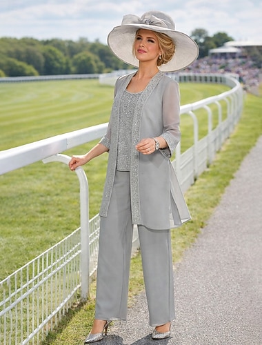  Trois Pièces Longueur cheville Robe de Mère de Mariée  manche longue Col Rond Élégant Simple robe demoiselle d honneur Fête de mariage Réunion de famille Chiffon Dentelle avec Couleur Unie