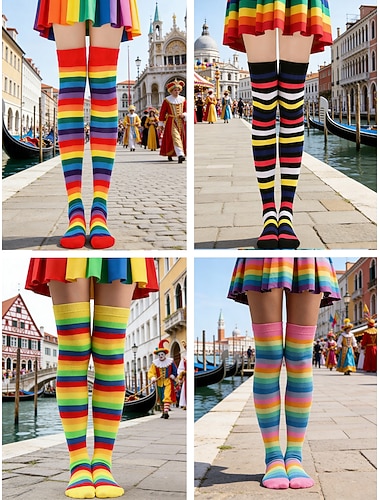  Kvinne Mardi Gras fargerike regnbue over-kneet sokker 4-pakning - Stretchy stripete karneval kostyme strømpebukser kvinner livlig festival stil karneval og festantrekk