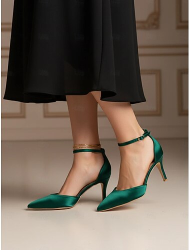  kvinners smaragdgrønne sateng ankelreim hæler - elegant spiss stilett for fester, bryllup og spesielle anledninger