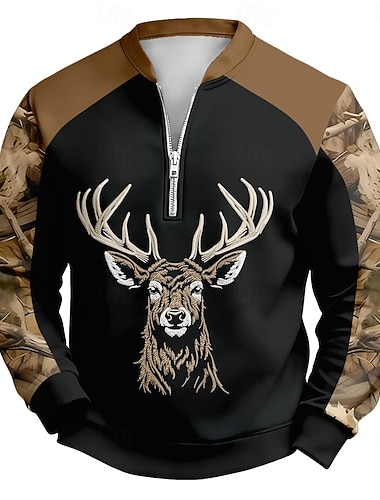  Herren Hirsch Pullover Tropisch 3D Jagd Hoher Ausschnitt Outdoor Streetwear Schwarz 1 Reißverschluss Herbst Winter Designer S M L XL XXL 3XL