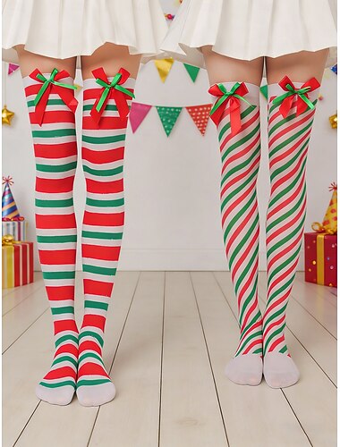  Damesokker med overknee, lårhøye strømper med stripete sløyfe, elastisk mykt stoff, festlig kostymestil, for voksne &tenåringer, perfekt for karnevalsparader, kostymefester &festivalkjendis