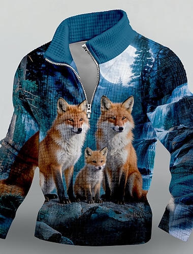  Herren Fuchs Waffel Pullover Mode Täglich Jagd Stehkragen Viertelreißverschluss Outdoor Streetwear Reise Camping Blau Reißverschluss Herbst Winter Designer S M L XL XXL XXXL