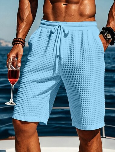  Herren Waffel-Shorts Shorts Bermudashorts Strandshorts Kordelzug Elastischer Bund Einfach Komfort Sport Kurz Täglich Outdoor Urlaub Urlaub Klassicher Stil Blau Schwarz Dehnbar