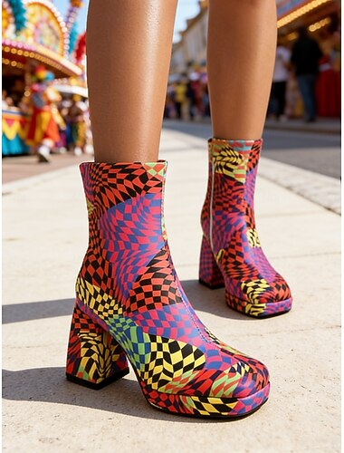  Bottines à talon chunky à imprimé géométrique coloré rétro des années 1970 pour femmes Mardi Gras – Chaussures à motifs vibrants parfaites pour le carnaval et les fêtes
