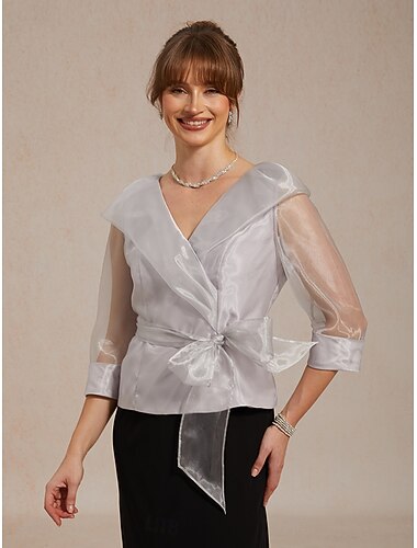  בגדי ריקוד נשים חולצות שמלות Ruched אשליה צבע אחיד אלגנטית שרוול 4\3 צווארון V חולצות רגילות אורחת חתונה לבוש קוקטייל אפור בהיר קיץ אביב סתיו