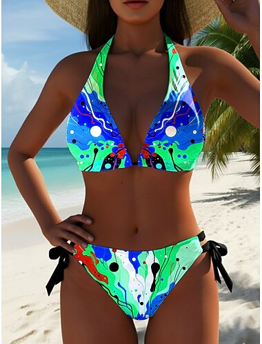  Dames Bikini 2-delig Zwempak Cheeky Slim Rugloos Vakantie Strandkleding Grafische Geometrische V-hals Mouwloos Badpakken