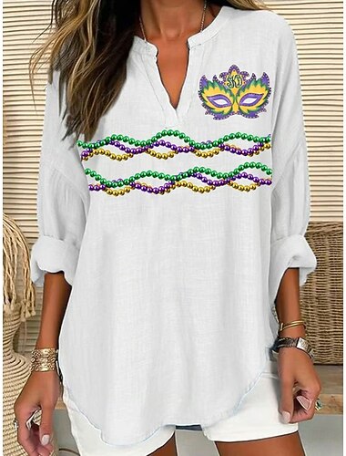  Mardi Gras Dames Blouse Linnenachtig Ademend Lichtgewicht Grafisch Vintage Dagelijks Stijlvol Lange Mouw V-Hals Reguliere Tops Dagelijks Feest Print Blauw Zwart Wit Geel Paars Zomer Lente