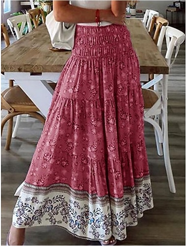  Damen Bohemien Mode Lässig Maxi Hohe Taille Röcke Blumen Druck Dehnbar Täglich Straße Rote Blau Purpur Grün Frühling Polyester