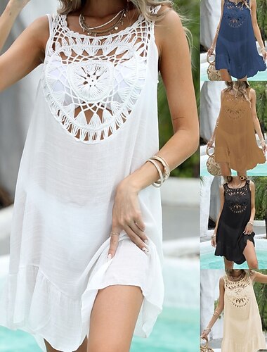  Damen Badeanzug Überwurf Badeanzugkleid Bademode Ausschnitt Urlaub Strandbekleidung Einfarbig Rundhals Ärmellos Badeanzüge