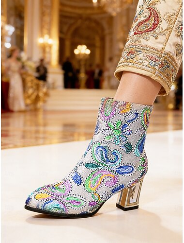  Damen Mardi Gras Pailletten-bestickte Ankle Boots - Bunte Barock-Karneval-Stil kurze Stiefel für Partys Festivals  Maskeradenfeierlichkeiten
