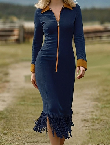  Damen Midikleid Boho-Kleid Freizeitkleid Elegant Mode Modern Täglich Ausgehen Wochenende Normale Passform Einfach Langarm Hemdkragen Marineblau Frühling Herbst Winter