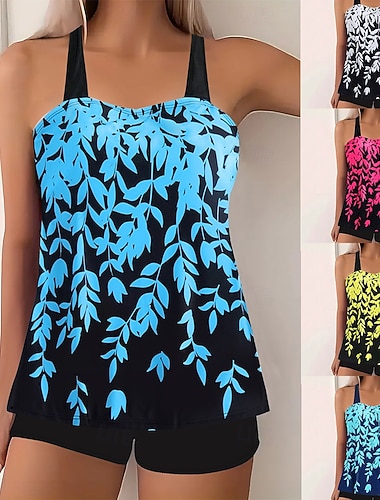  Maillot de bain Tankini femme 2 pièces Shorts Contrôle du ventre Taille haute Slim Dos nu Vacances Plage Vêtements Feuilles V Cou Sans Manches