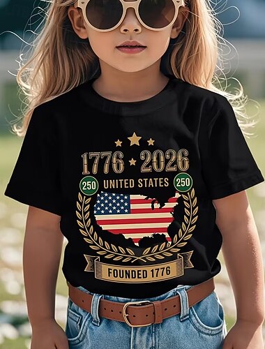  100% Cotone Bambini Ragazze Nero Grafico Bandiera USA 250° anniversario Bandiera americana per bambini Maglietta Girocollo Manica Corta Vacanza Sport & Outdoor Abbigliamento Quotidiano Attivo Vacanza