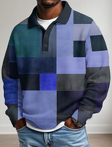  Men's Color Block Waffle Polo Shirts Textured Long Sleeve Polo Shirts Lapel Casual School Athleisure Daily Wear 3D Print Fall & Winter Blue Brown Green