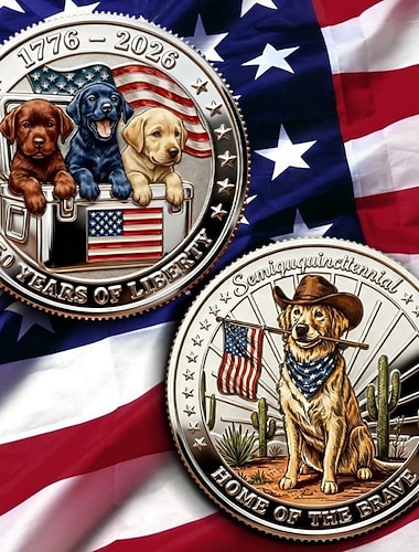  Minnemynter til USAs 250-årsjubileum i tre farger, patriotiske hunder fra én nasjon, samlemynter til halvårsjubileet, de modiges hjem, amerikansk flagg og valpekunstverk