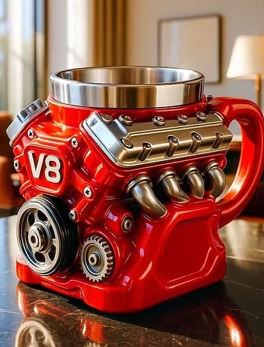  Kaffeebecher mit V8-Motor, Kaffeebecher aus Kunstharz im Retro-Design mit V6-Motor, realistischer Edelstahlbecher mit V8-Motor – das perfekte Geschenk für Ehemann, Mechaniker oder Autoliebhaber.