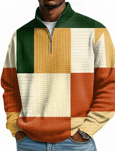  Herren Karomuster Waffel Pullover Mode Täglich Klassisch Lässig Stehkragen Viertelreißverschluss Heim Outdoor Büro Arbeit Blau Braun Grün Grau Reißverschluss Herbst Winter Designer S M L XL XXL XXXL