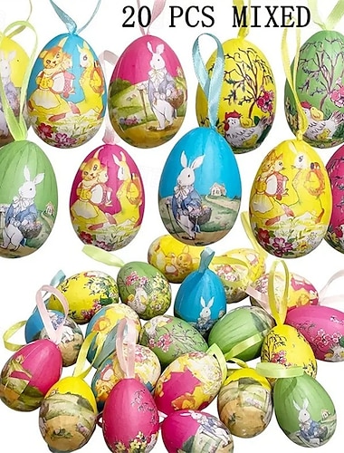  20 قطعة من بيض عيد الفصح قناديل الرسم، بيض ورقي مضحك مطلي ملون زينة معلقة تعليمية
