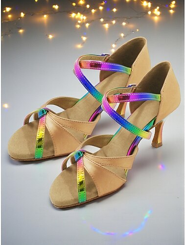  Satijnen Latin dansschoenen voor dames - professionele regenboogbandjes ballroomhakken voor salsa, rumba en tango &wedstrijdprestaties