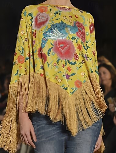  Mujer Blusa Borlas Estampado Floral Activo Elegante Manga Larga Cuello Barco Tops regulares Diario Festivos Noche Azul Piscina Amarillo Verano Primavera