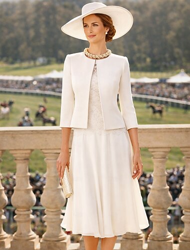  Kaksiosainen Tuubi Polvipituinen Häävieraspuku Morsiammen äidin asu 3/4 hiha Pyöreä Tyylikäs Häävieras Kirkko Sifonki Satiini Pitsi Lyhyet takkimekot kanssa Applikaatiot