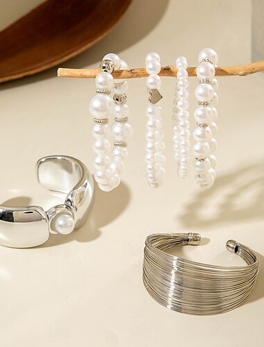  Samba Accessoires Zilverkleurige Chunky Statement Armband Set voor Vrouwen - Moderne Abstracte Open Manchetten Performanced Costume