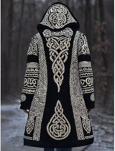  Damen Strickjacke Täglich Lässig Grafik Geometrisch Gerippt Mit Kapuze Patchwork Tasche Knöpfe Langarm Lange Oberteile Stricken Outdoor Wochenende Schwarz Herbst Winter