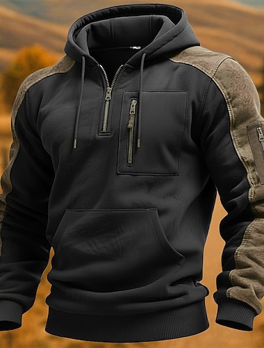  Homens Moletom Quarter Zipper Hoodie Moletom Tático Preto Com Capuz Tecido Half Zip bolso canguru Casual Diário Desportos e Ar livre Legal Roupa de Esporte Casual Primavera & Outono Roupa Moletons
