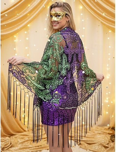  Kvinne Mardi Gras paljett blondedek cape polyester materiale lilla og grønn design med frynser perfekt karneval og maskeradeballer