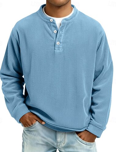  Herren Cordhemd Henley Hemd T-Shirt Langarm Einfarbig Einfach Mode Designer Lässig Knopf hoch Warm Henley Lässig Täglich Outdoor Herbst Herbst Winter Ganzjahres Schwarz Weiß Hellgrün Henley T-Shirt