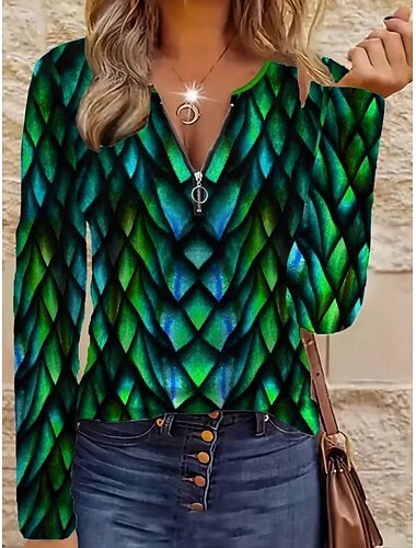  Per donna Maglietta Cerniera Stampato Grafico Geometrico Astratto Vintage Moda Elegante Manica Lunga Girocollo Top Regolari Quotidiano Blu Verde Primavera Autunno