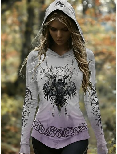  Dame Pullover hettegenser-genser Grafisk Dyr Geometrisk Fritid Langermet Med hette Vanlige topper Avslappet Hverdag Sport Lys Lilla Vår Høst