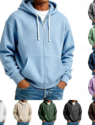  Herren Kapuzensweatshirt Vollreißverschluss-Kapuzensweatshirt Waffle Kapuzensweatshirt Aprikose Schwarz Weiß Hellgrün Armeegrün Mit Kapuze Einfach Strukturiert Sport & Outdoor Lässig Täglich