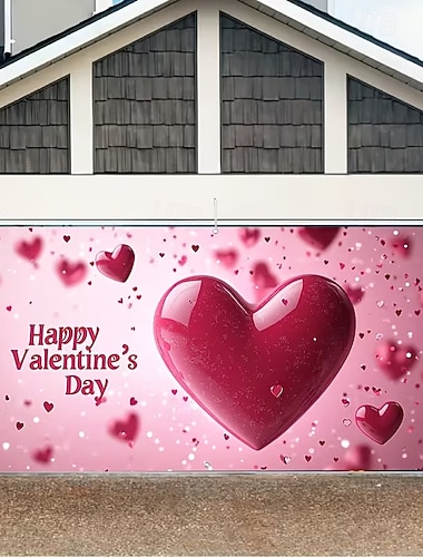  Garagentorabdeckung zum Valentinstag: Großes, glänzendes 2D-Herzmotiv mit dem Gruß „Happy Valentine’s Day“, perfekte Dekoration